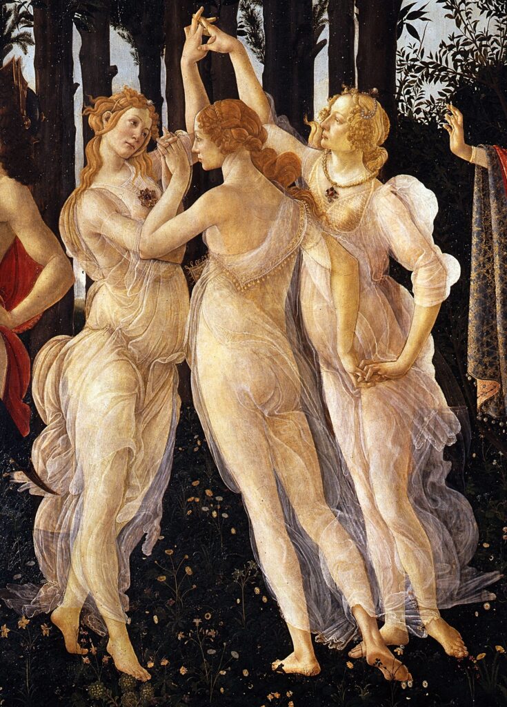 Pittore italiano Botticelli Tre Grazie Primavera Uffizi Firenze 意大利画家波提切利之《春》中的美惠三女神佛罗伦萨乌菲齐美术馆